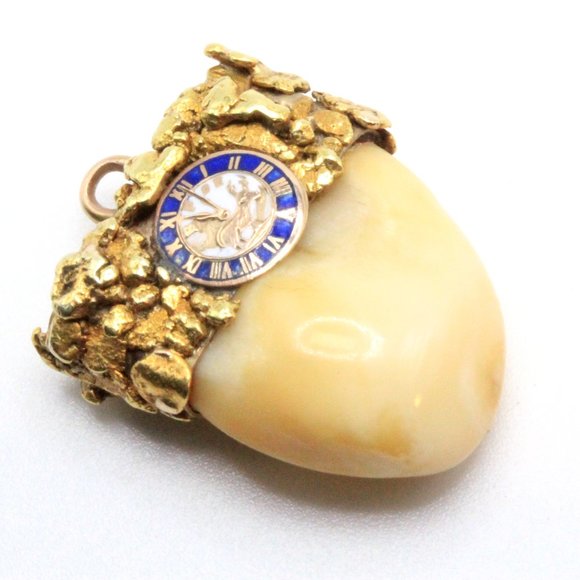 Antique 14K & 24K Gold Cast Elk Tooth BPOE Clock Masonic Nugget Pendant - Picture 2 of 6